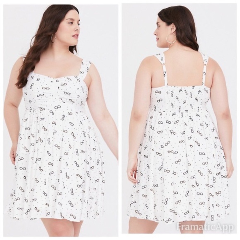 WHITE EYEGLASSES & DOTS MINI CHALLIS SKATER DRESS. CUTE & NERDY